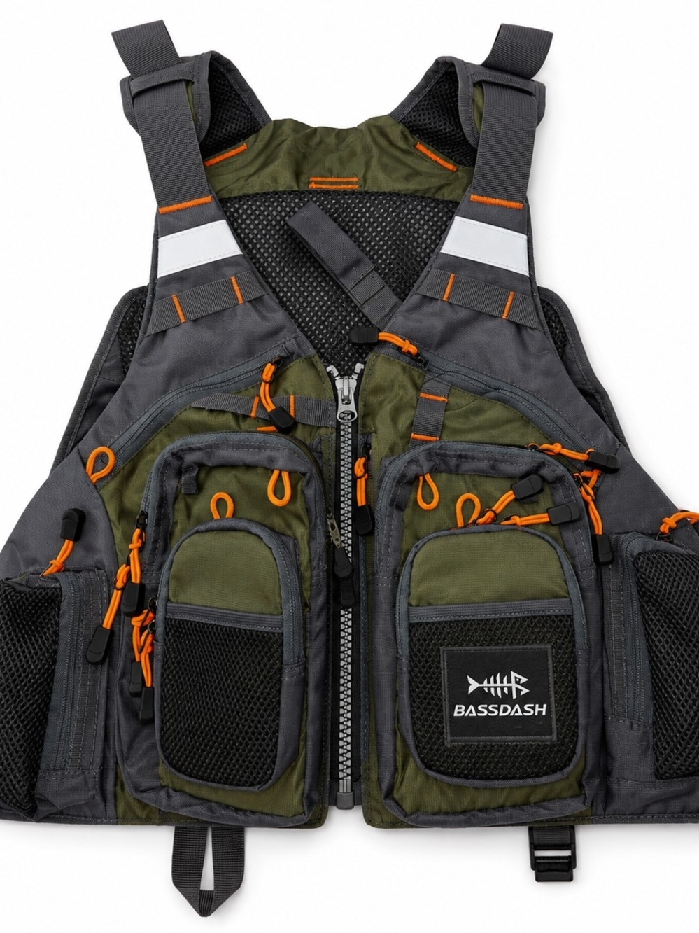 BASSDASH NWT Adjustable Fly Fishing Vest Multi-Pocket Gray Green Utility